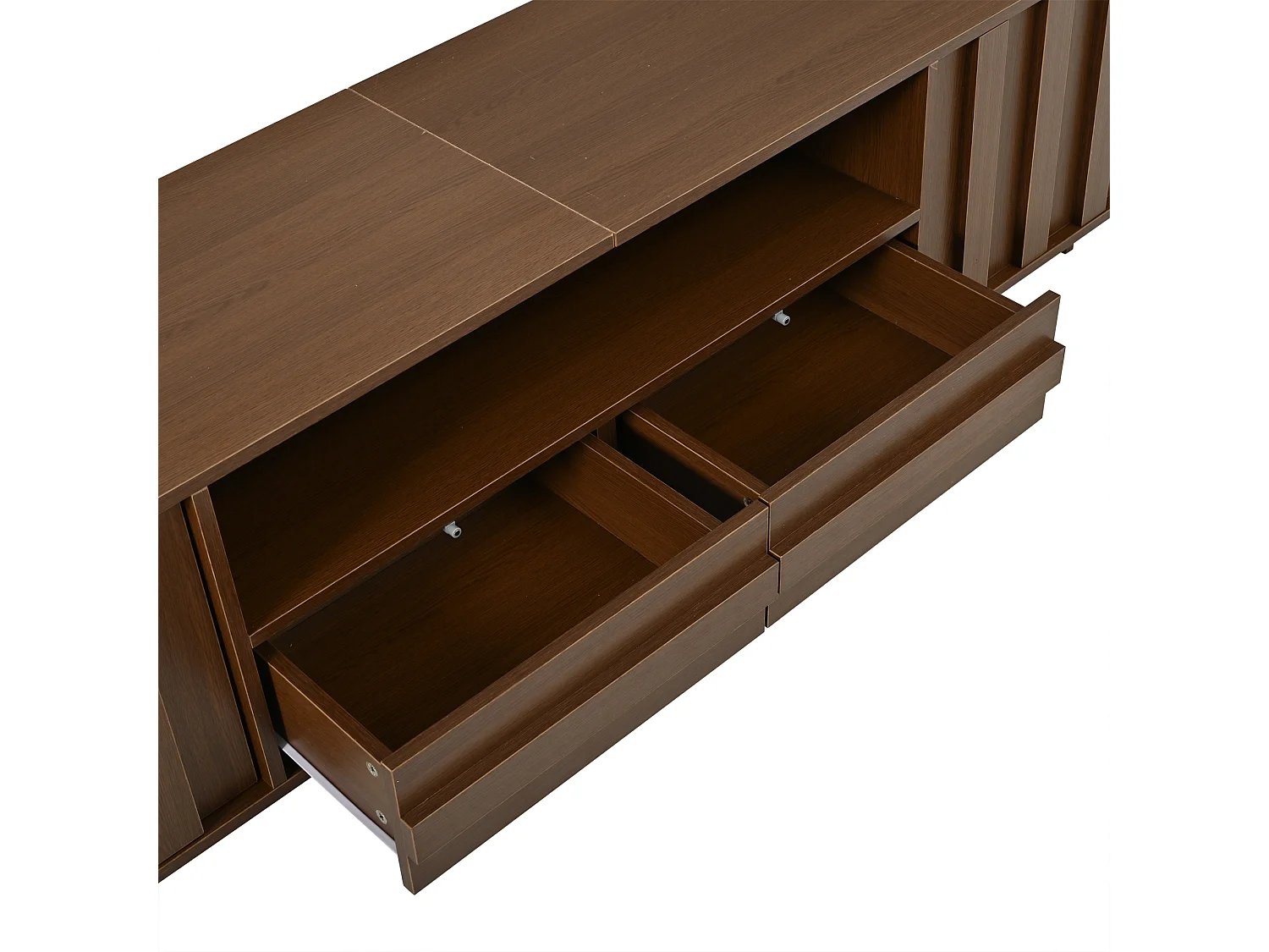 Meuble TV 180x40x45 cm - 2 portes, 2 tiroirs et 5 compartiments - Design 3D en relief - jusqu'à 75 pouces - Marron