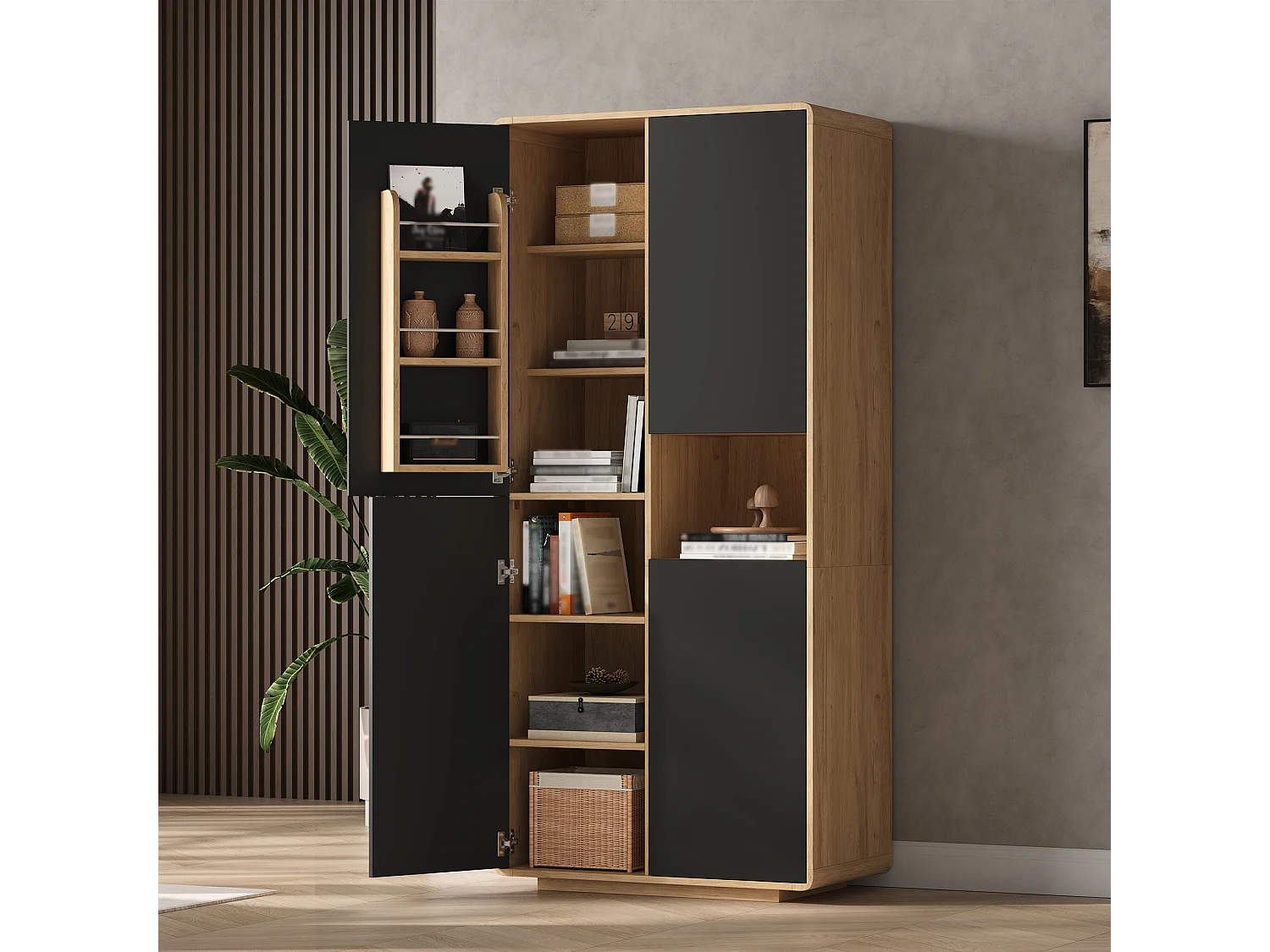 Buffet de cuisine 75x40x170cm - avec 4 portes - avec des étagères réglables - Noir