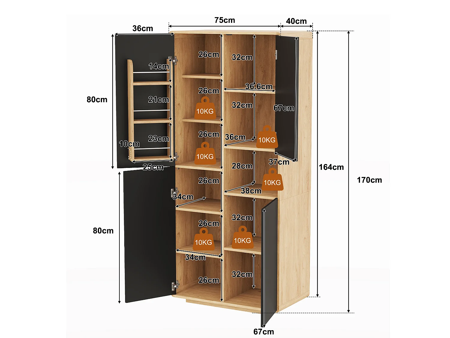 Buffet de cuisine 75x40x170cm - avec 4 portes - avec des étagères réglables - Noir