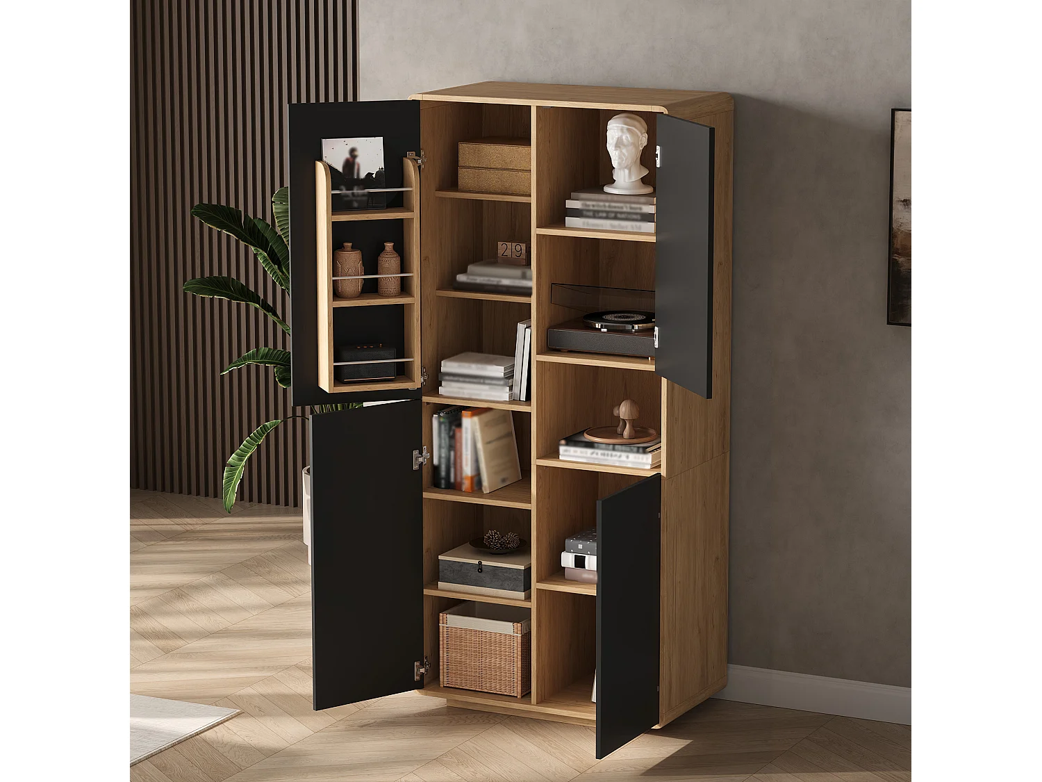 Buffet de cuisine 75x40x170cm - avec 4 portes - avec des étagères réglables - Noir