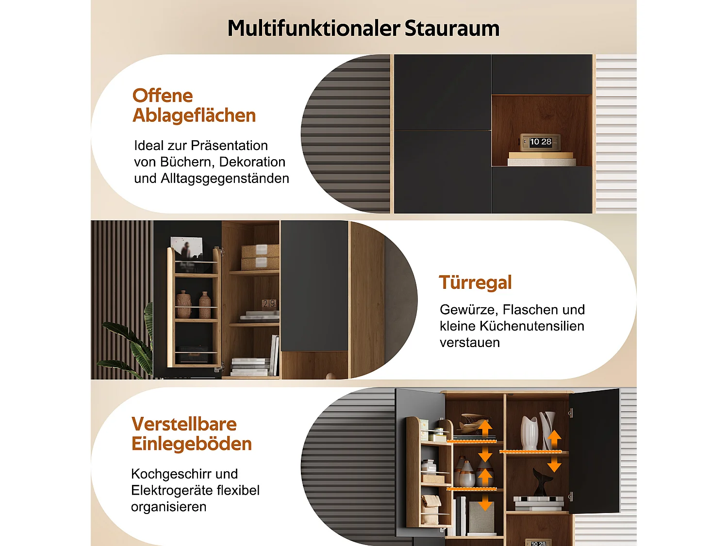 Buffet de cuisine 75x40x170cm - avec 4 portes - avec des étagères réglables - Noir