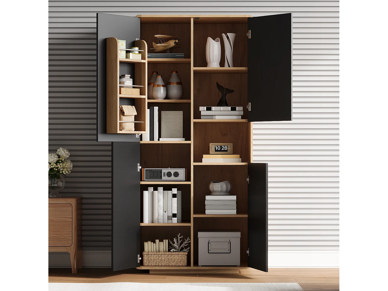 Buffet de cuisine 75x40x170cm - avec 4 portes - avec des étagères réglables - Noir