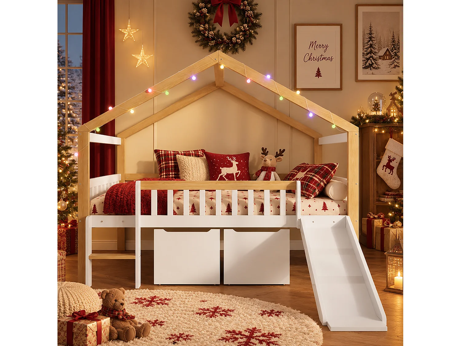 Lit mezzanine enfant 120 x 200 cm - avec 2 tiroirs - avec toboggan et échelle - guirlande lumineuse à disposition libre - Blanc + Naturel