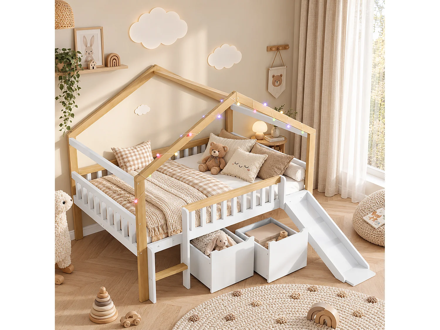 Lit mezzanine enfant 120 x 200 cm - avec 2 tiroirs - avec toboggan et échelle - guirlande lumineuse à disposition libre - Blanc + Naturel