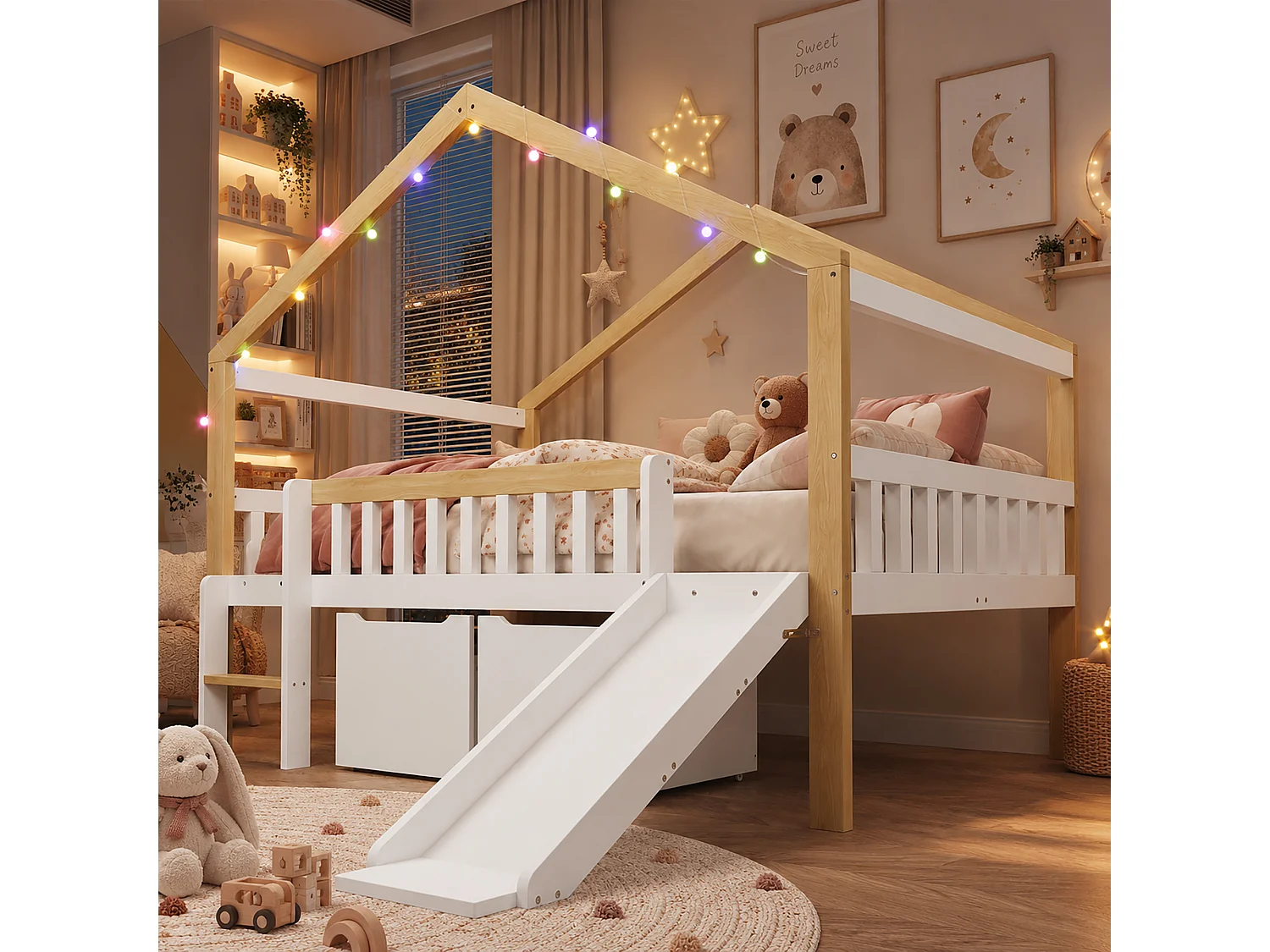 Lit mezzanine enfant 120 x 200 cm - avec 2 tiroirs - avec toboggan et échelle - guirlande lumineuse à disposition libre - Blanc + Naturel