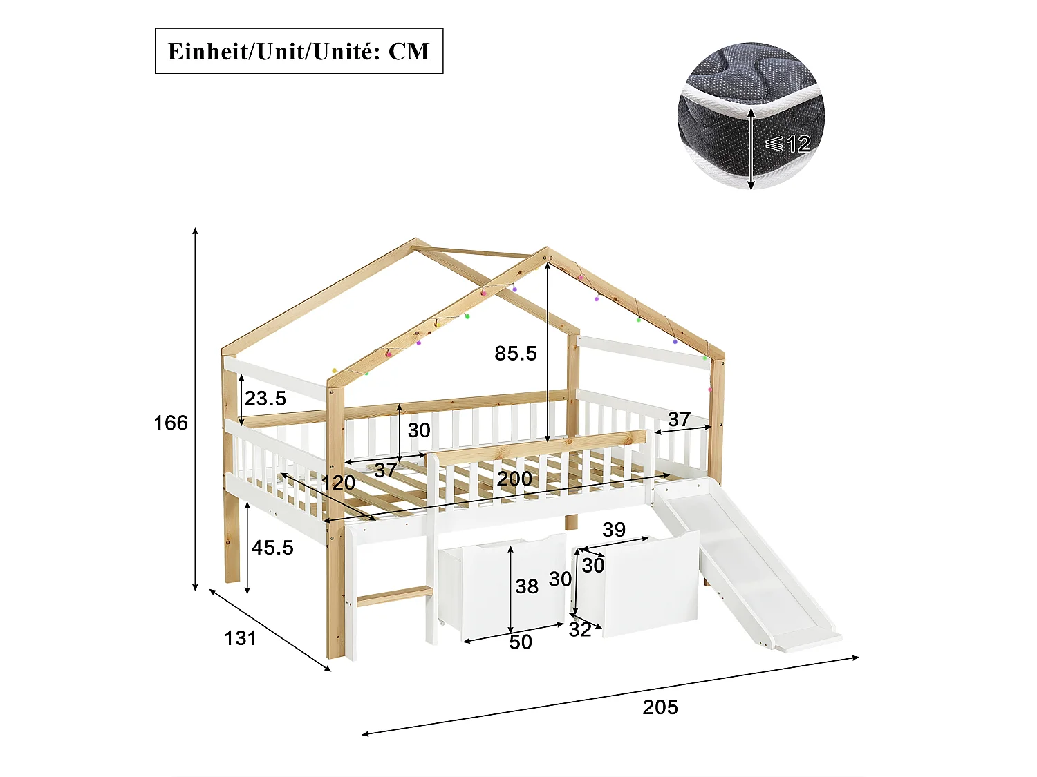 Lit mezzanine enfant 120 x 200 cm - avec 2 tiroirs - avec toboggan et échelle - guirlande lumineuse à disposition libre - Blanc + Naturel