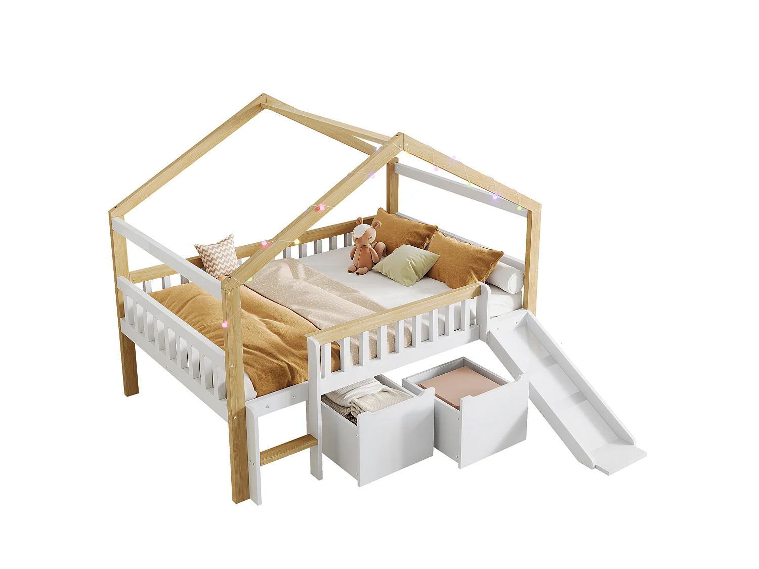 Lit mezzanine enfant 120 x 200 cm - avec 2 tiroirs - avec toboggan et échelle - guirlande lumineuse à disposition libre - Blanc + Naturel