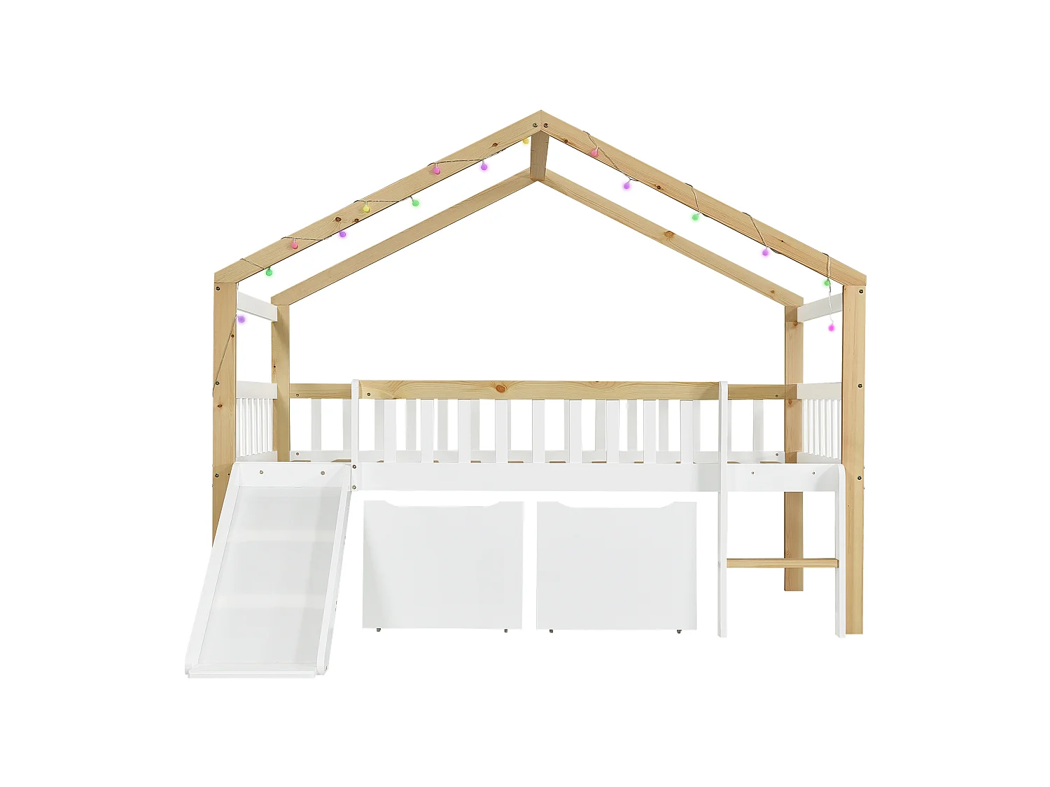 Lit mezzanine enfant 120 x 200 cm - avec 2 tiroirs - avec toboggan et échelle - guirlande lumineuse à disposition libre - Blanc + Naturel
