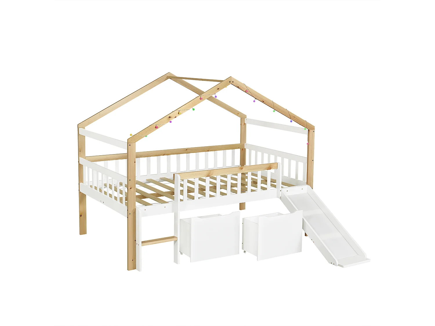 Lit mezzanine enfant 120 x 200 cm - avec 2 tiroirs - avec toboggan et échelle - guirlande lumineuse à disposition libre - Blanc + Naturel