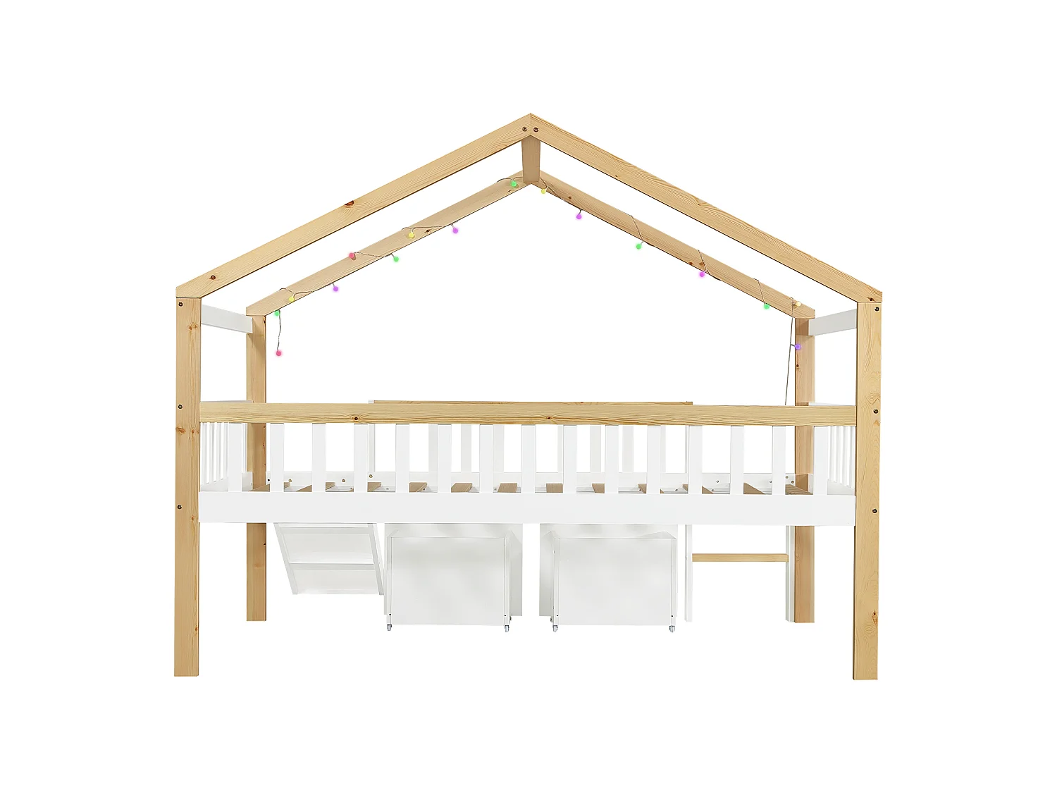 Lit mezzanine enfant 120 x 200 cm - avec 2 tiroirs - avec toboggan et échelle - guirlande lumineuse à disposition libre - Blanc + Naturel
