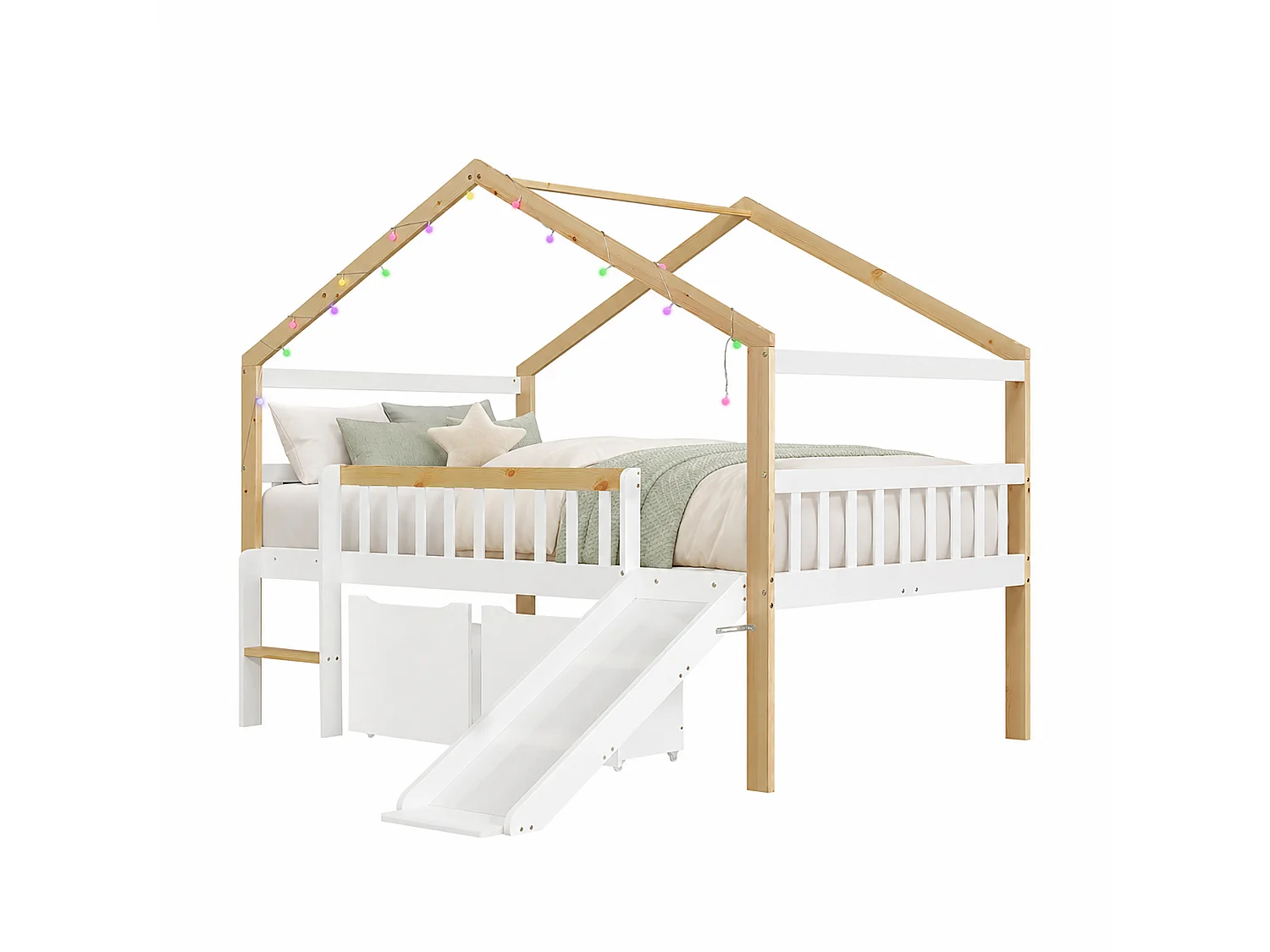 Lit mezzanine enfant 120 x 200 cm - avec 2 tiroirs - avec toboggan et échelle - guirlande lumineuse à disposition libre - Blanc + Naturel