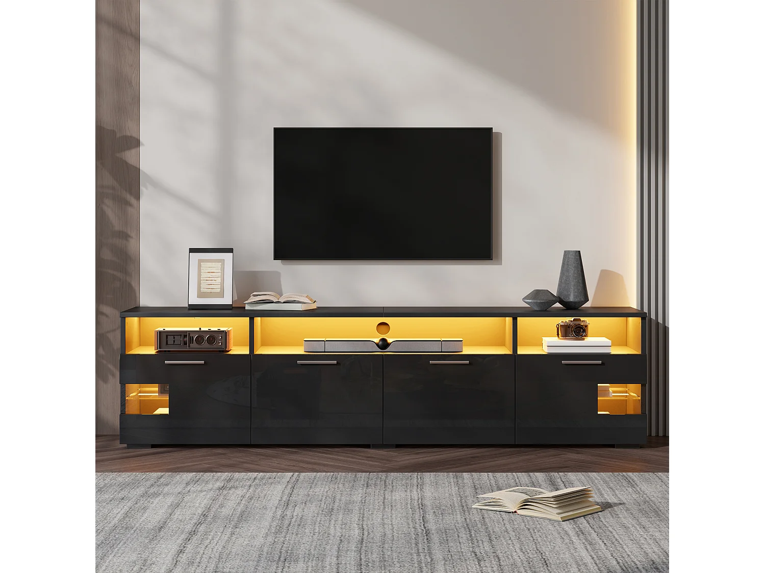 Meuble TV moderne 180 × 35 × 45 cm - Éclairage LED - Avec 4 portes et étagères ouvertes - MDF - Noir