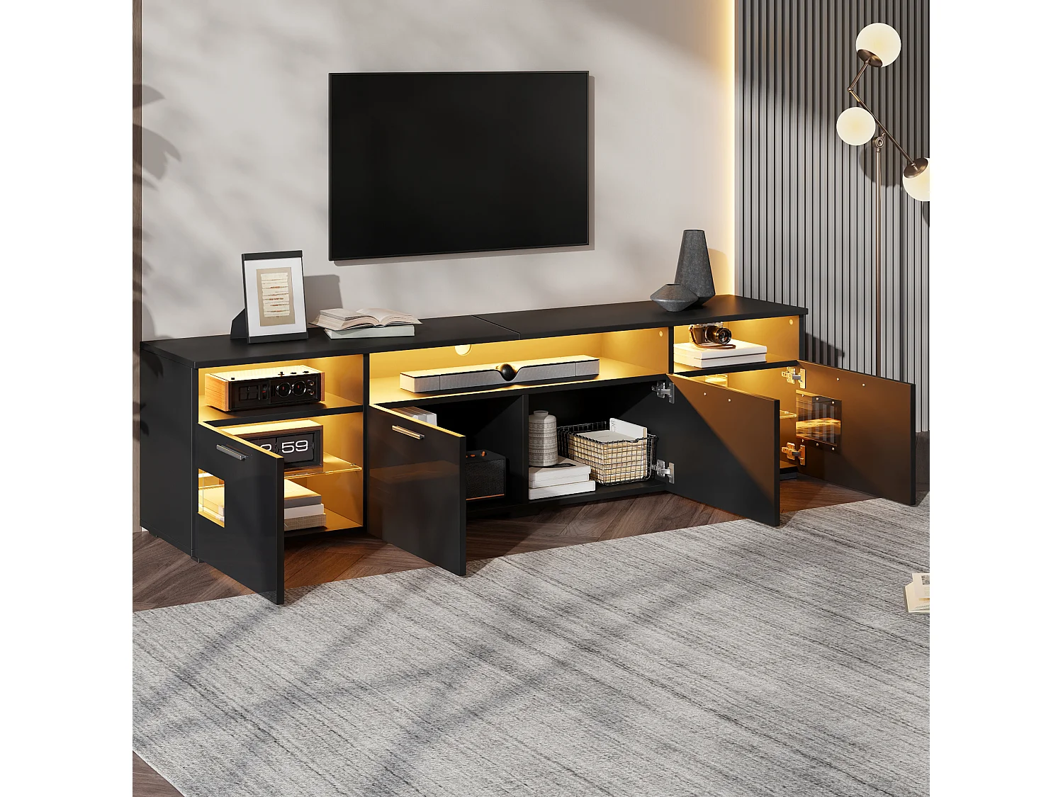 Meuble TV moderne 180 × 35 × 45 cm - Éclairage LED - Avec 4 portes et étagères ouvertes - MDF - Noir