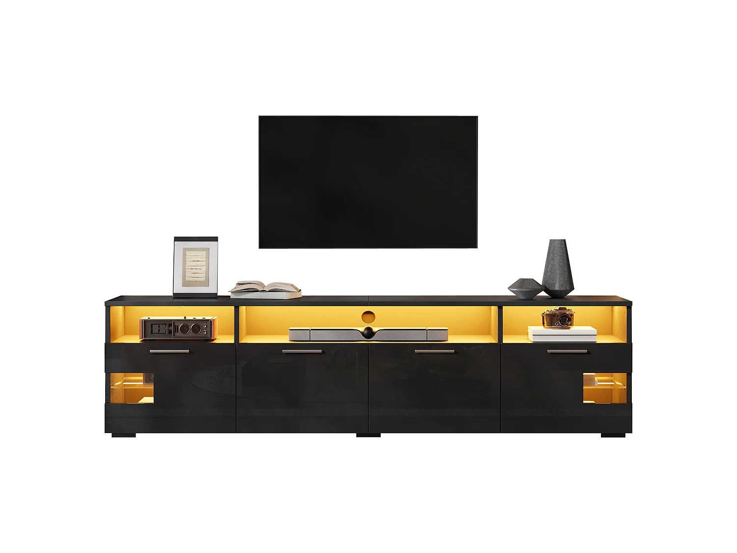 Meuble TV moderne 180 × 35 × 45 cm - Éclairage LED - Avec 4 portes et étagères ouvertes - MDF - Noir