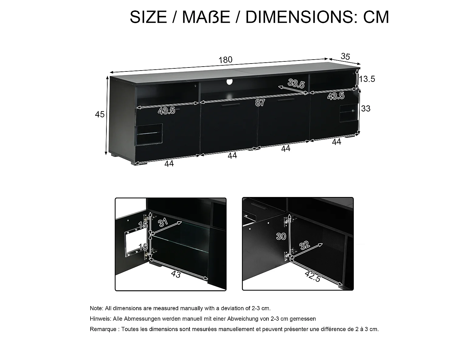 Meuble TV moderne 180 × 35 × 45 cm - Éclairage LED - Avec 4 portes et étagères ouvertes - MDF - Noir