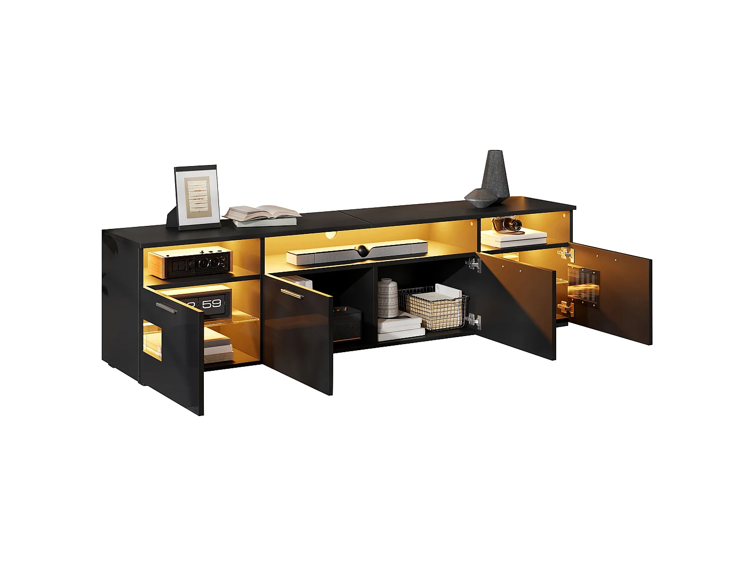 Meuble TV moderne 180 × 35 × 45 cm - Éclairage LED - Avec 4 portes et étagères ouvertes - MDF - Noir