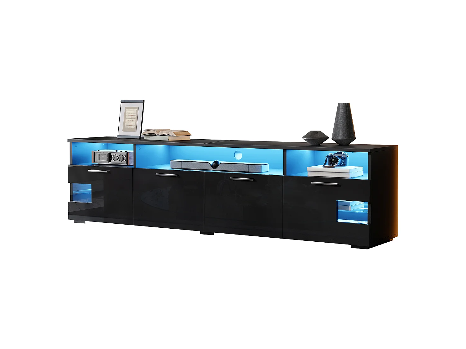 Meuble TV moderne 180 × 35 × 45 cm - Éclairage LED - Avec 4 portes et étagères ouvertes - MDF - Noir