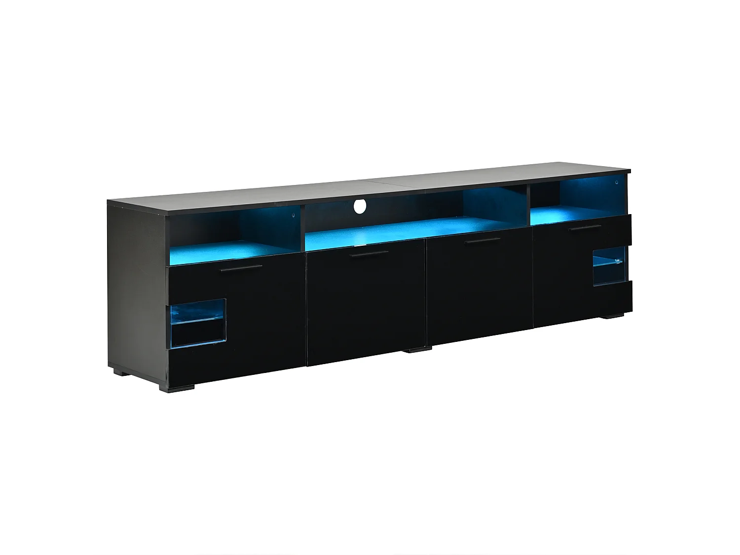 Meuble TV moderne 180 × 35 × 45 cm - Éclairage LED - Avec 4 portes et étagères ouvertes - MDF - Noir