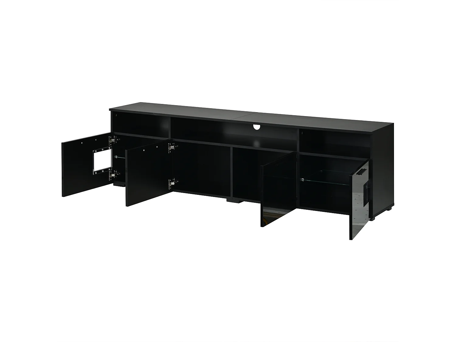 Meuble TV moderne 180 × 35 × 45 cm - Éclairage LED - Avec 4 portes et étagères ouvertes - MDF - Noir