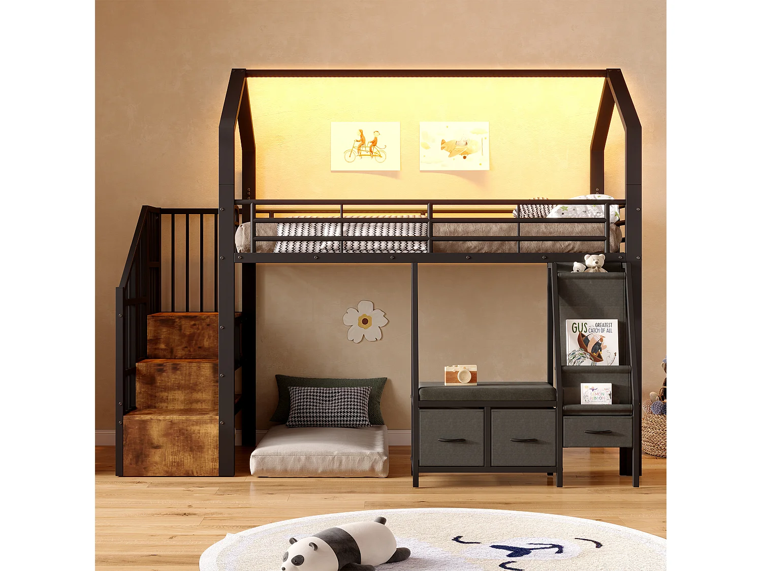 Lit mezzanine 90 x 200 cm – avec étagère de rangement en tissu – avec 3 tiroirs – avec échelle – avec éclairage LED – Noir (matelas non inclus)