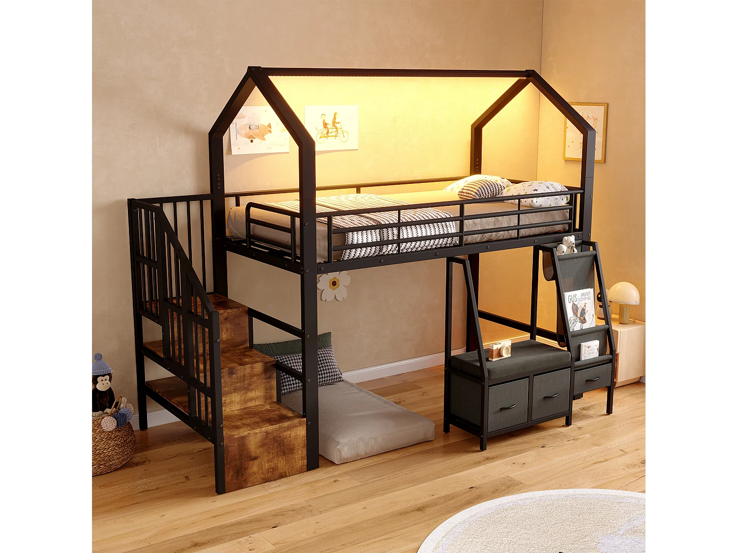 Lit mezzanine 90 x 200 cm – avec étagère de rangement en tissu – avec 3 tiroirs – avec échelle – avec éclairage LED – Noir (matelas non inclus)