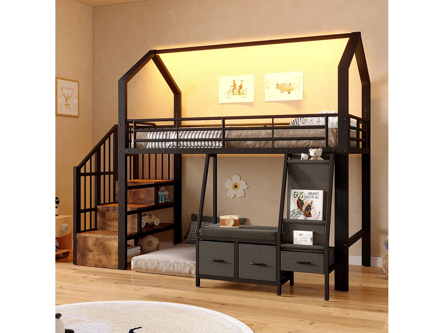 Lit mezzanine 90 x 200 cm – avec étagère de rangement en tissu – avec 3 tiroirs – avec échelle – avec éclairage LED – Noir (matelas non inclus)