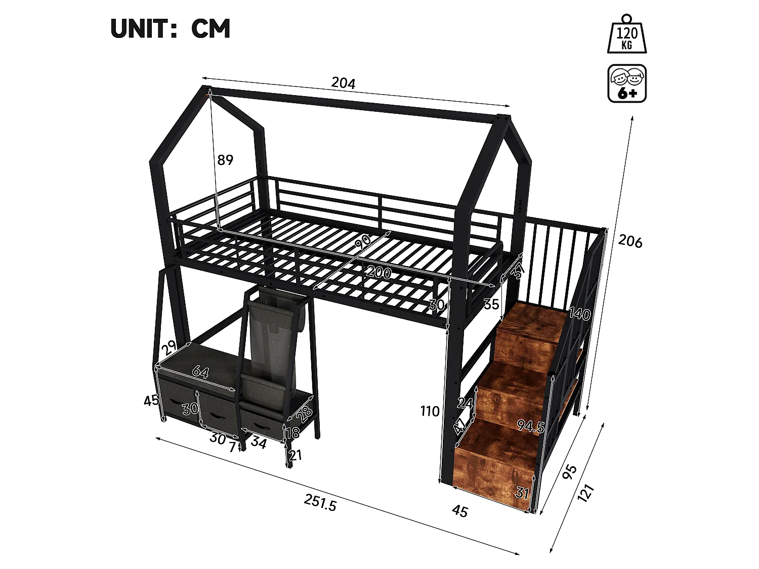 Lit mezzanine 90 x 200 cm – avec étagère de rangement en tissu – avec 3 tiroirs – avec échelle – avec éclairage LED – Noir (matelas non inclus)