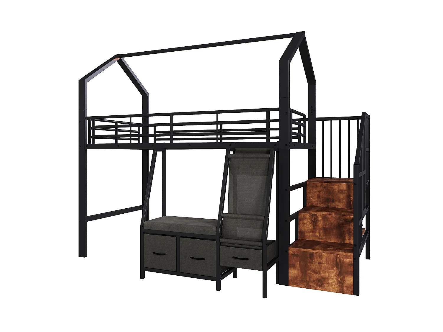 Lit mezzanine 90 x 200 cm – avec étagère de rangement en tissu – avec 3 tiroirs – avec échelle – avec éclairage LED – Noir (matelas non inclus)