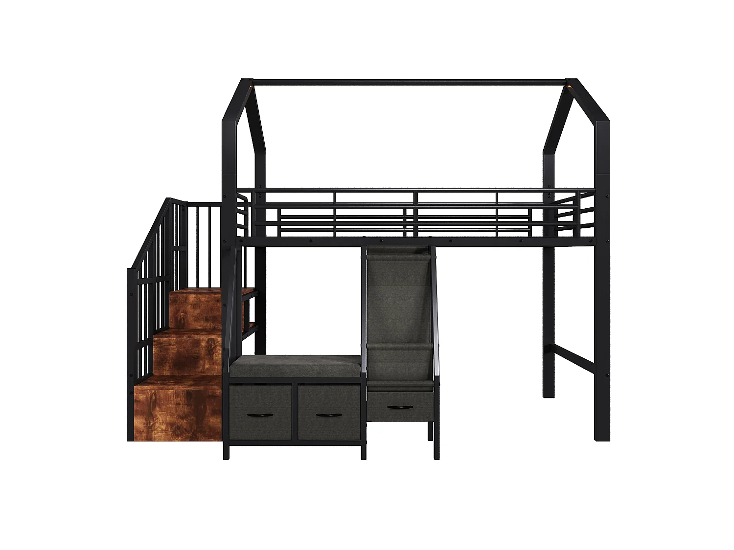 Lit mezzanine 90 x 200 cm – avec étagère de rangement en tissu – avec 3 tiroirs – avec échelle – avec éclairage LED – Noir (matelas non inclus)