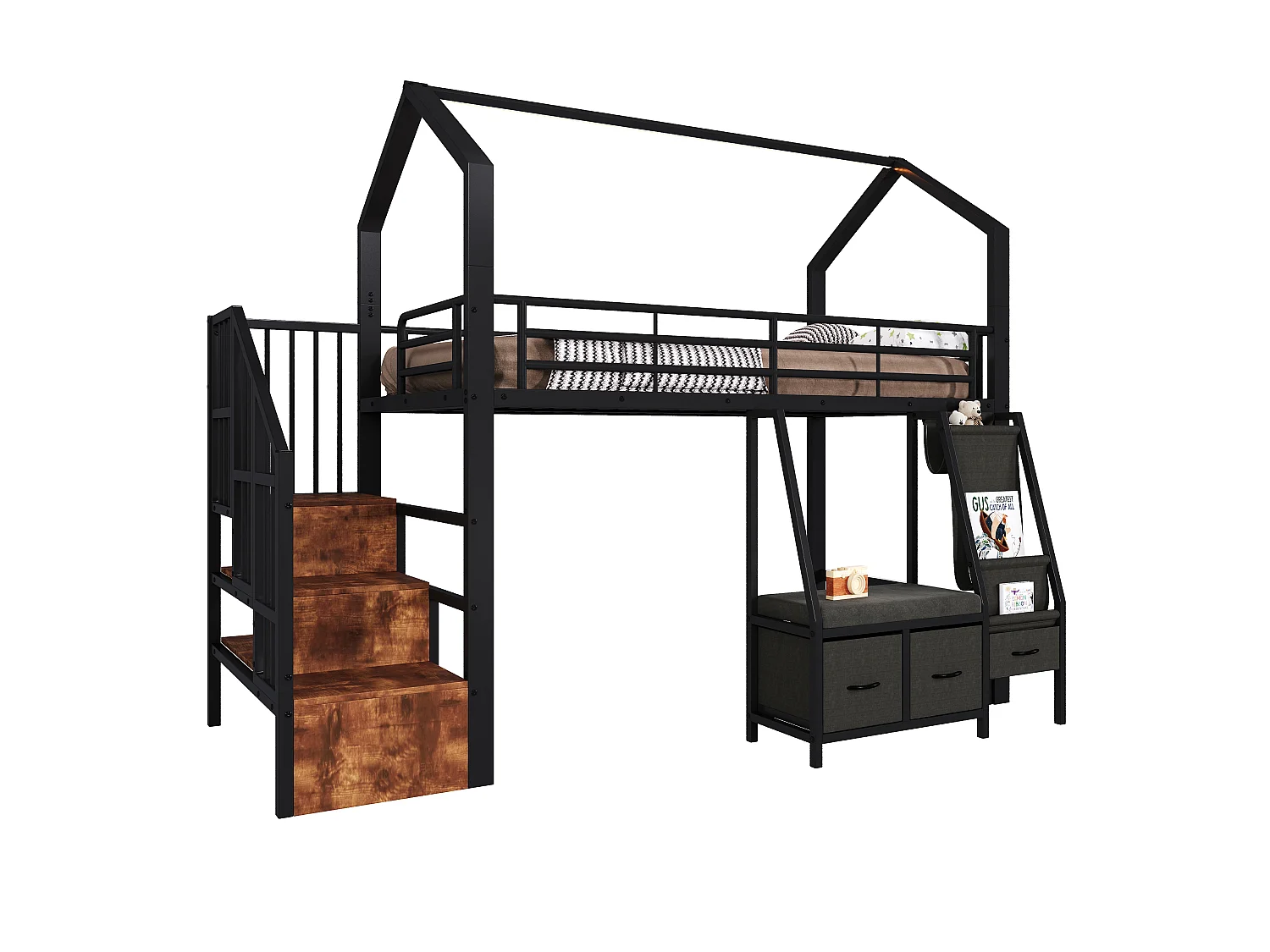 Lit mezzanine 90 x 200 cm – avec étagère de rangement en tissu – avec 3 tiroirs – avec échelle – avec éclairage LED – Noir (matelas non inclus)