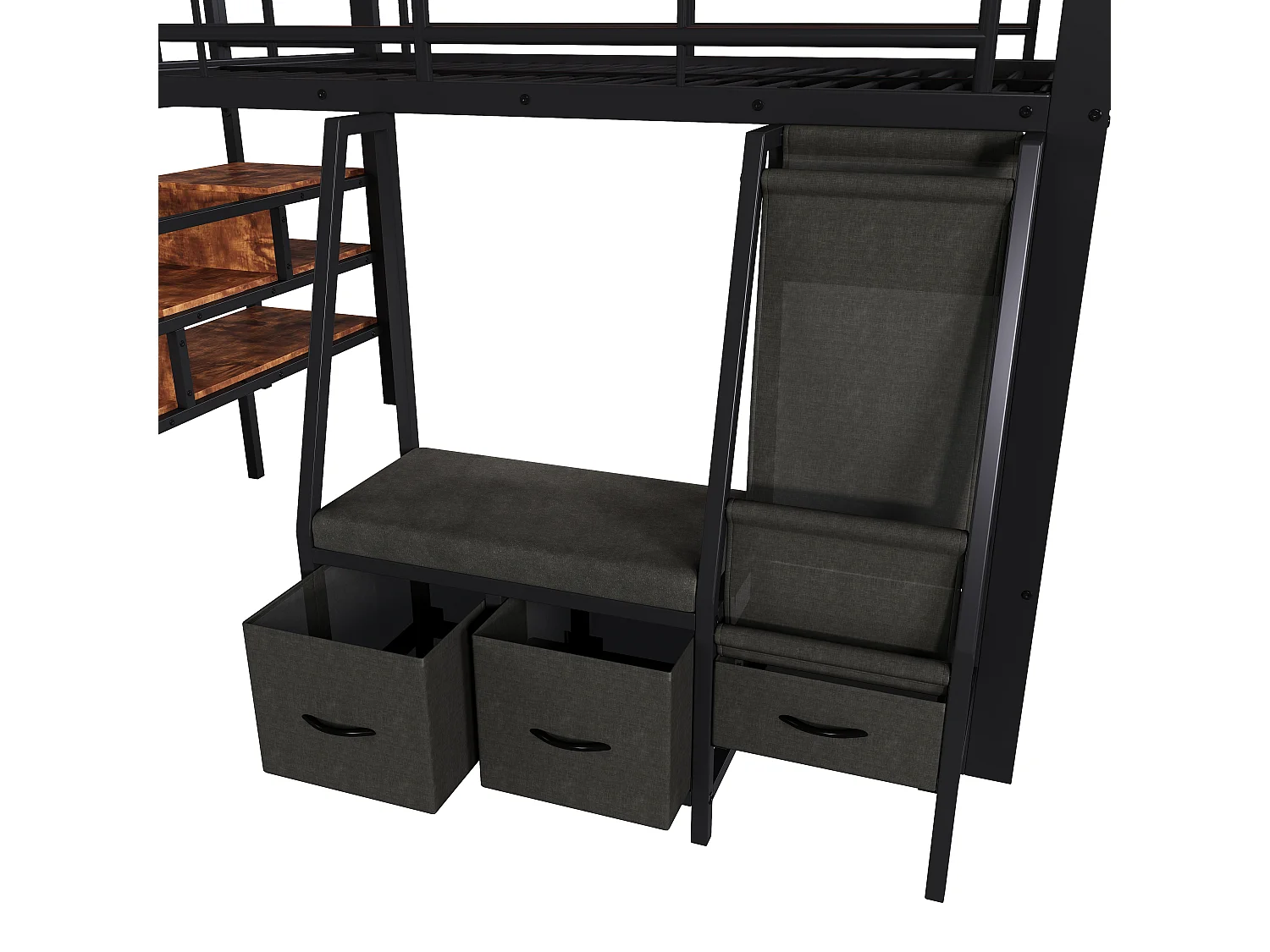 Lit mezzanine 90 x 200 cm – avec étagère de rangement en tissu – avec 3 tiroirs – avec échelle – avec éclairage LED – Noir (matelas non inclus)