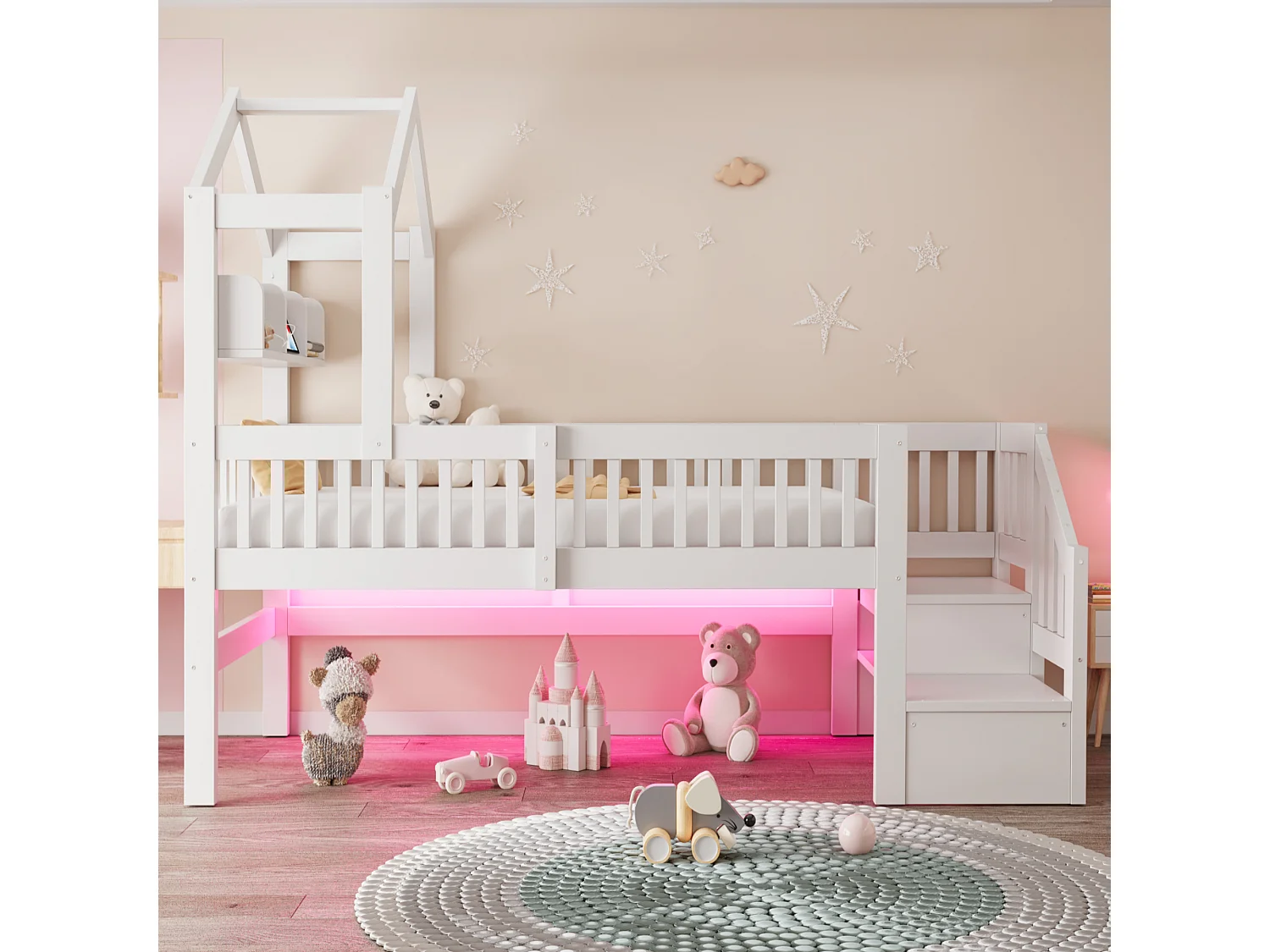 Lit mezzanine 90 x 200 cm - avec étagères - veilleuse avec port USB - avec escalier de rangement - blanc (matelas non inclus)