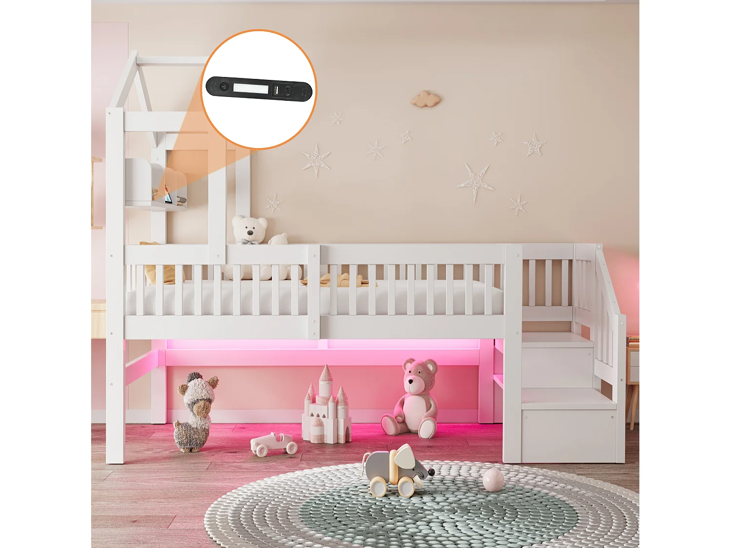 Lit mezzanine 90 x 200 cm - avec étagères - veilleuse avec port USB - avec escalier de rangement - blanc (matelas non inclus)