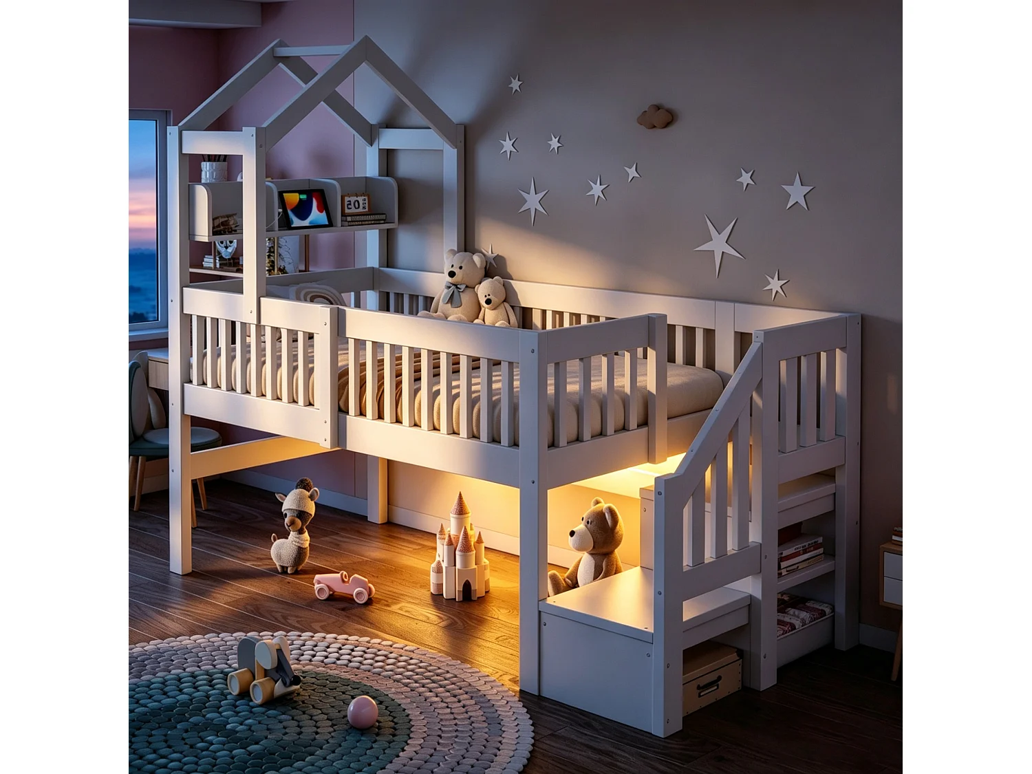 Lit mezzanine 90 x 200 cm - avec étagères - veilleuse avec port USB - avec escalier de rangement - blanc (matelas non inclus)
