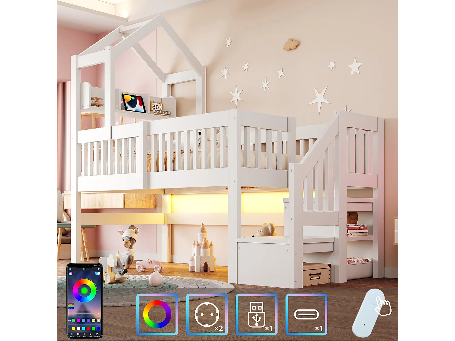 Lit mezzanine 90 x 200 cm - avec étagères - veilleuse avec port USB - avec escalier de rangement - blanc (matelas non inclus)