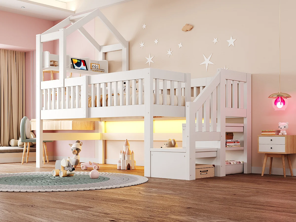 Lit mezzanine 90 x 200 cm - avec étagères - veilleuse avec port USB - avec escalier de rangement - blanc (matelas non inclus)