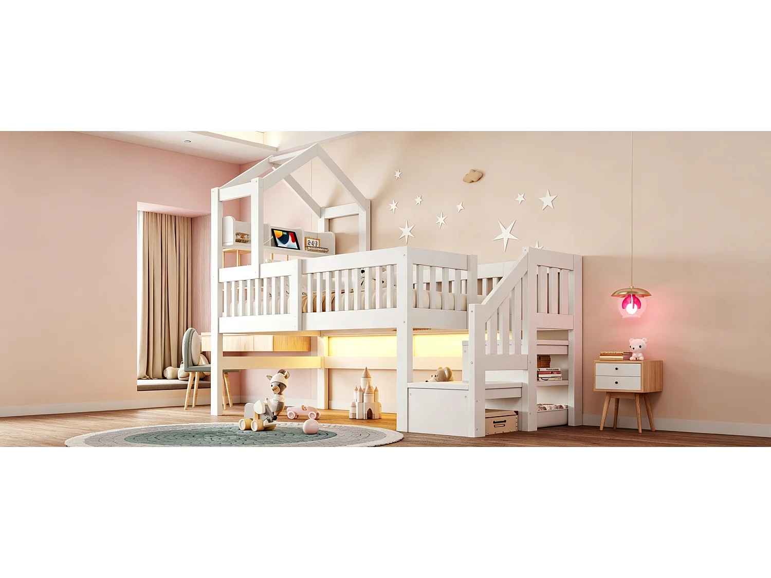 Lit mezzanine 90 x 200 cm - avec étagères - veilleuse avec port USB - avec escalier de rangement - blanc (matelas non inclus)