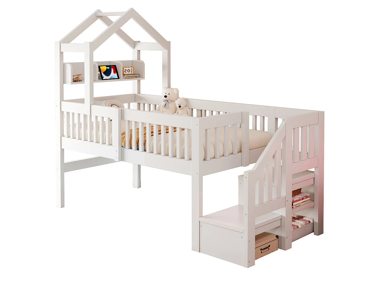 Lit mezzanine 90 x 200 cm - avec étagères - veilleuse avec port USB - avec escalier de rangement - blanc (matelas non inclus)