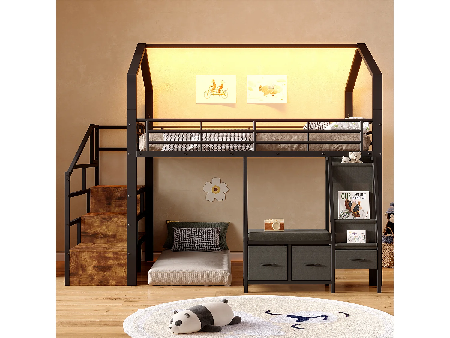 Lit mezzanine 1440 x 200 cm – avec étagère de rangement en tissu – avec 3 tiroirs – avec échelle – avec éclairage LED – Noir (matelas non inclus)