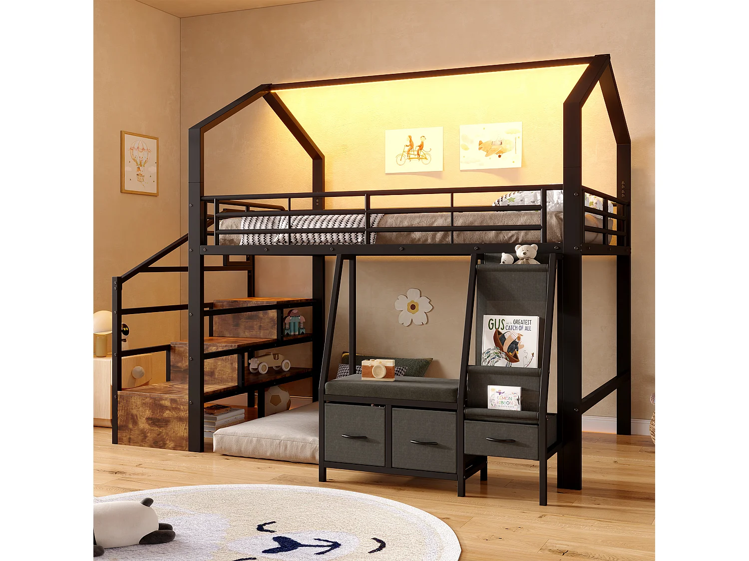 Lit mezzanine 1440 x 200 cm – avec étagère de rangement en tissu – avec 3 tiroirs – avec échelle – avec éclairage LED – Noir (matelas non inclus)