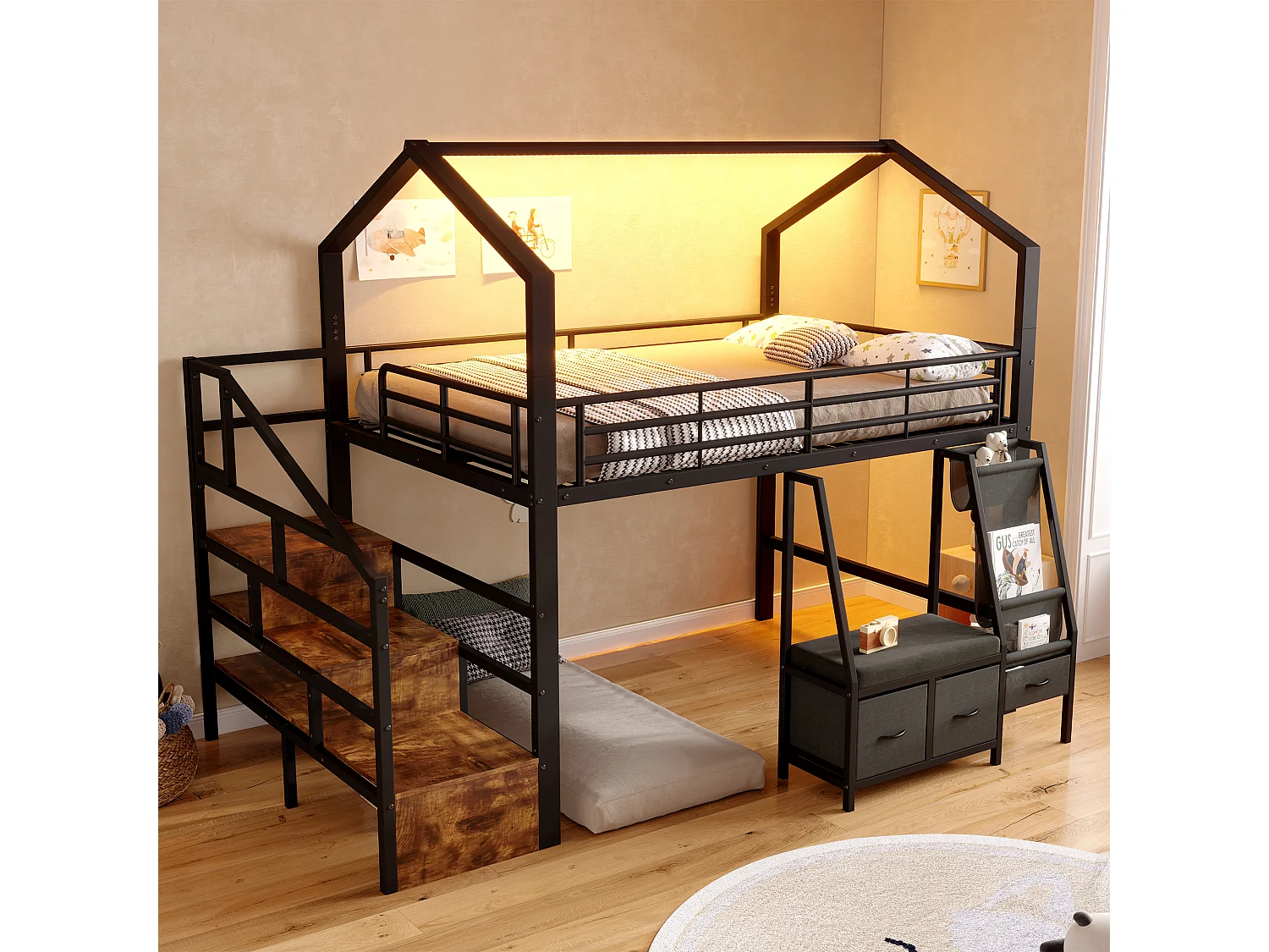 Lit mezzanine 1440 x 200 cm – avec étagère de rangement en tissu – avec 3 tiroirs – avec échelle – avec éclairage LED – Noir (matelas non inclus)