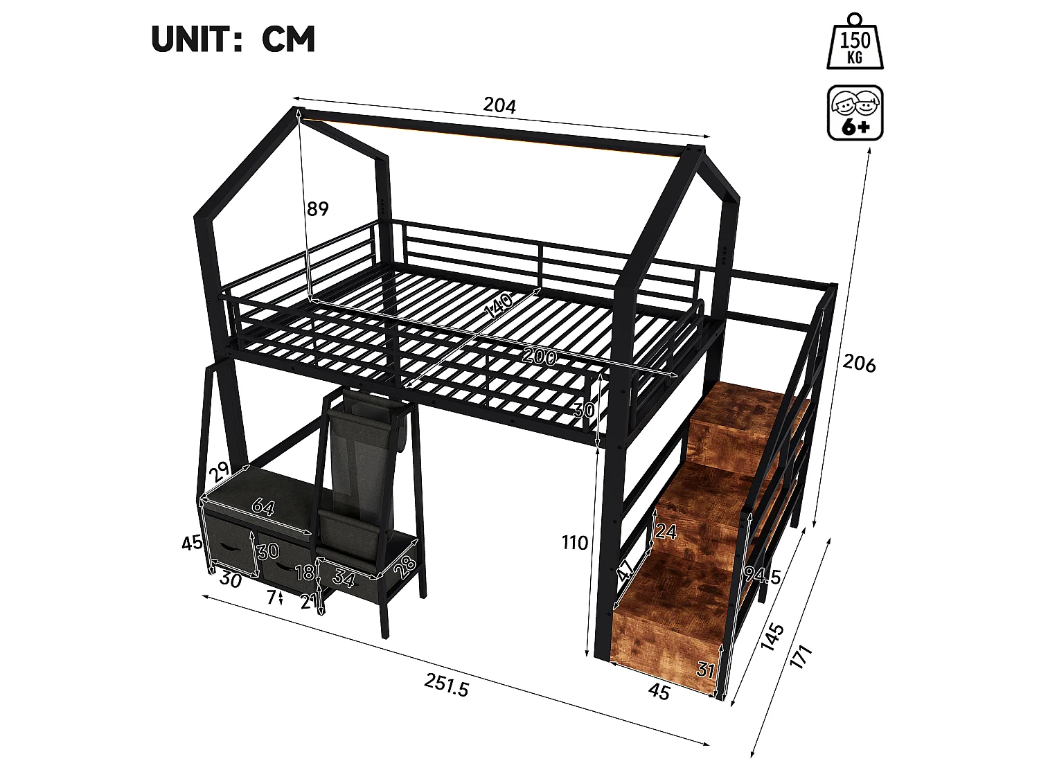 Lit mezzanine 1440 x 200 cm – avec étagère de rangement en tissu – avec 3 tiroirs – avec échelle – avec éclairage LED – Noir (matelas non inclus)