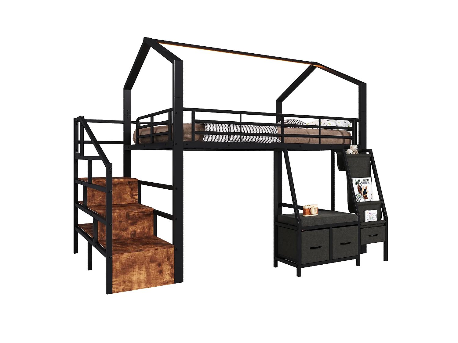 Lit mezzanine 1440 x 200 cm – avec étagère de rangement en tissu – avec 3 tiroirs – avec échelle – avec éclairage LED – Noir (matelas non inclus)
