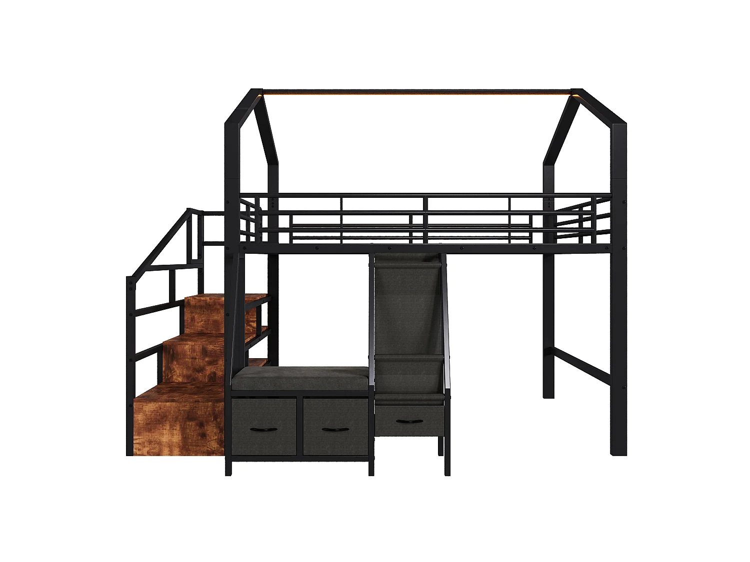 Lit mezzanine 1440 x 200 cm – avec étagère de rangement en tissu – avec 3 tiroirs – avec échelle – avec éclairage LED – Noir (matelas non inclus)