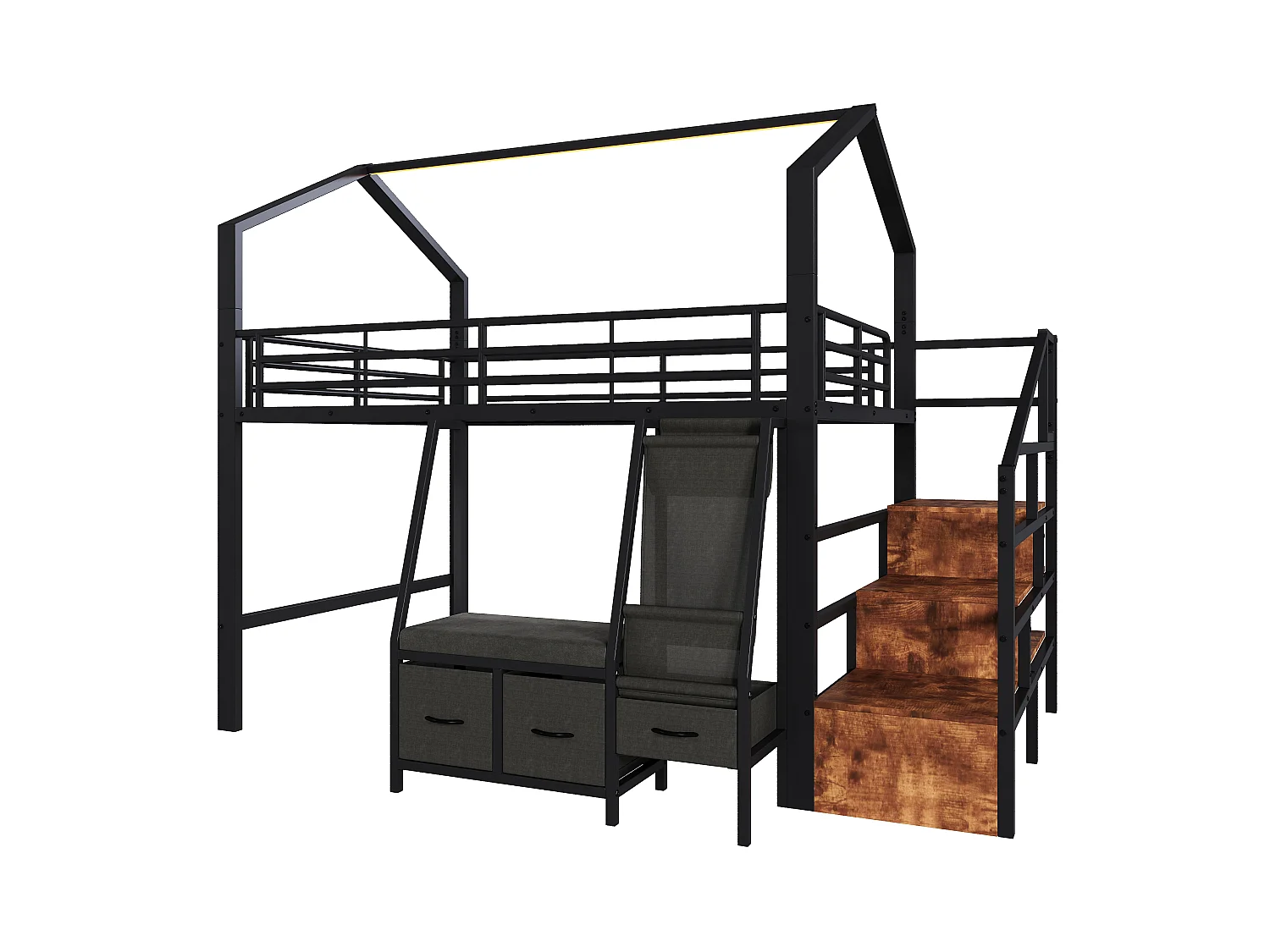 Lit mezzanine 1440 x 200 cm – avec étagère de rangement en tissu – avec 3 tiroirs – avec échelle – avec éclairage LED – Noir (matelas non inclus)
