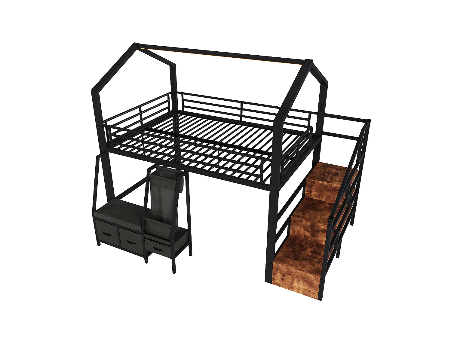 Lit mezzanine 1440 x 200 cm – avec étagère de rangement en tissu – avec 3 tiroirs – avec échelle – avec éclairage LED – Noir (matelas non inclus)