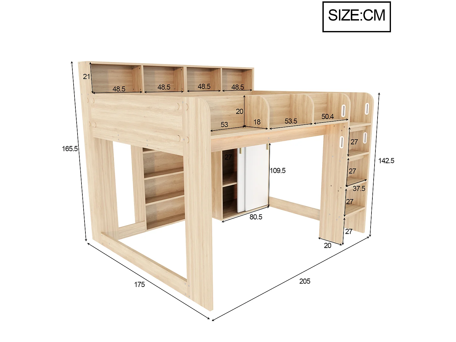 Łóżko piętrowe 140 × 200 cm – z szafą - mebel do przechowywania i przegródki do przechowywania – z oświetleniem LED – naturalne (materac nie jest dołączony)