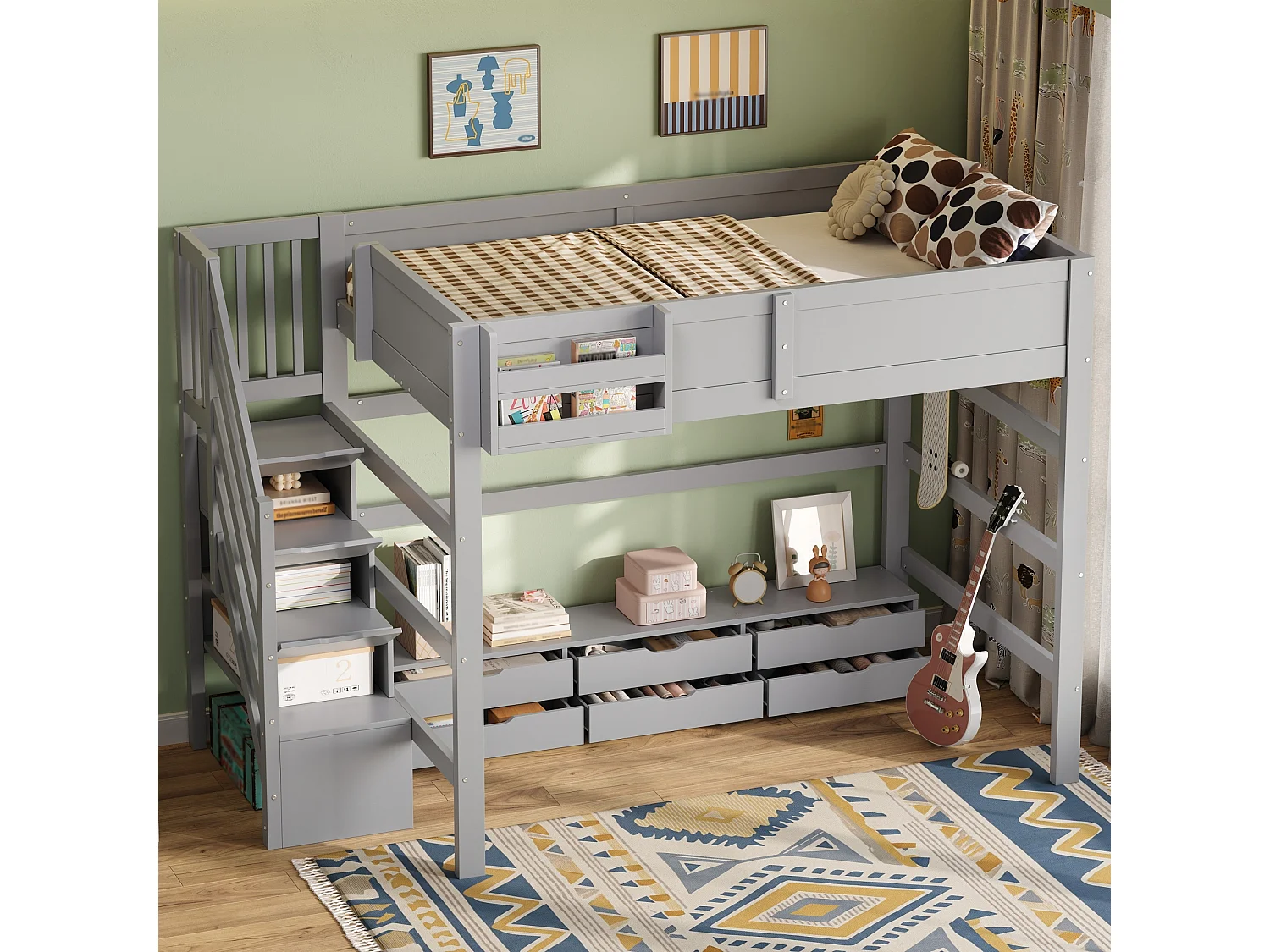 Lit mezzanine en bois 140x200 cm - Avec 6 tiroirs, escalier de rangement et barrières de sécurité - MDF - Gris (sans matelas)