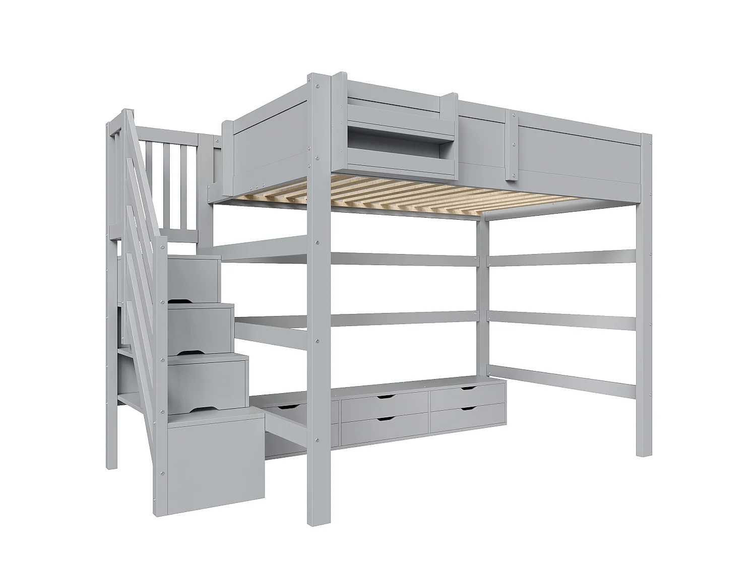 Lit mezzanine en bois 140x200 cm - Avec 6 tiroirs, escalier de rangement et barrières de sécurité - MDF - Gris (sans matelas)