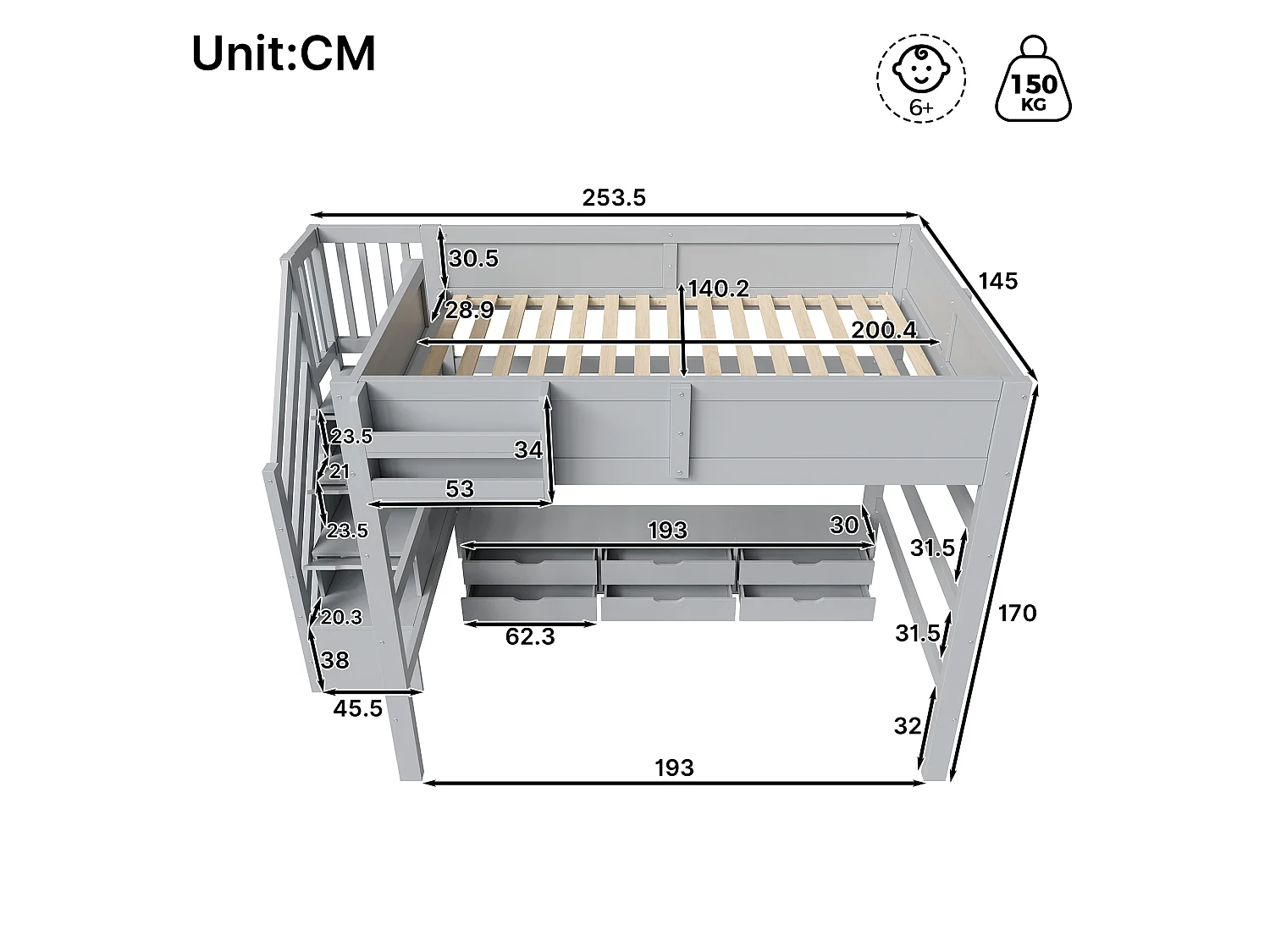 Lit mezzanine en bois 140x200 cm - Avec 6 tiroirs, escalier de rangement et barrières de sécurité - MDF - Gris (sans matelas)